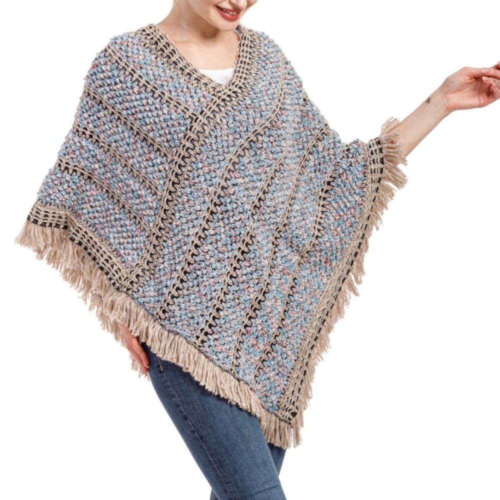 Nisha Creations Knit Poncho with Fringe-Multicolor
